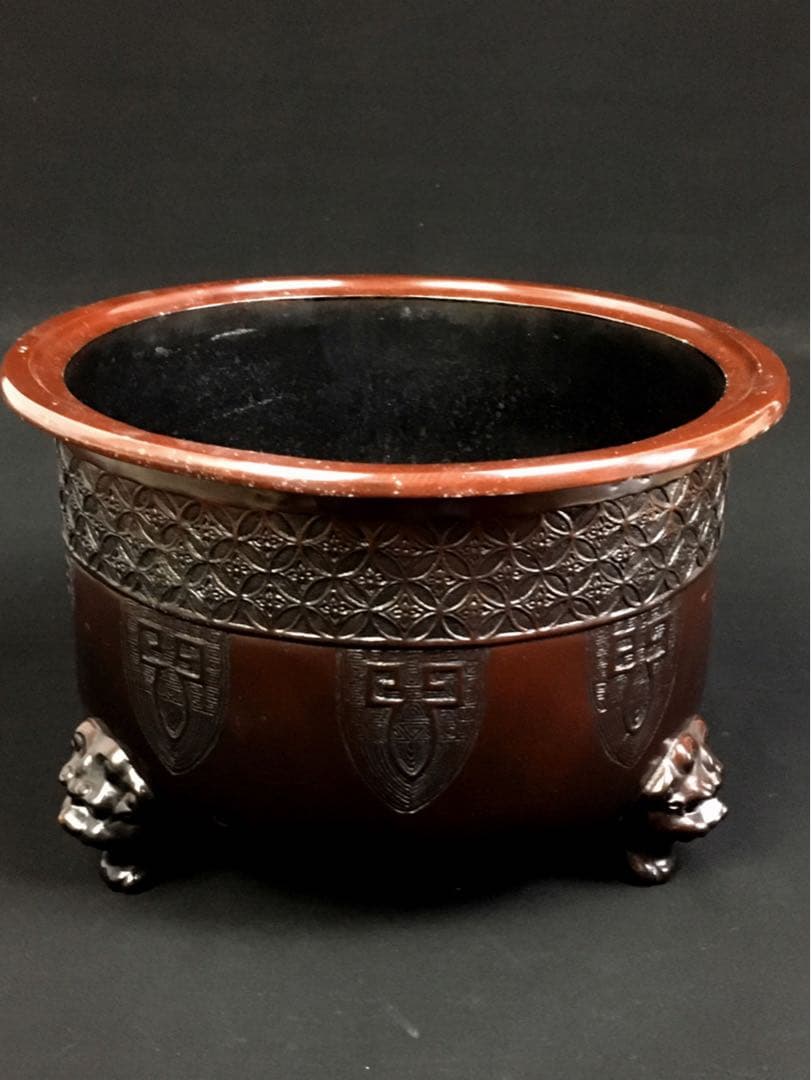 S26唐銅風炉師 福島宗秀 唐銅帯七宝菖蒲紋瓶掛・共箱・茶道具